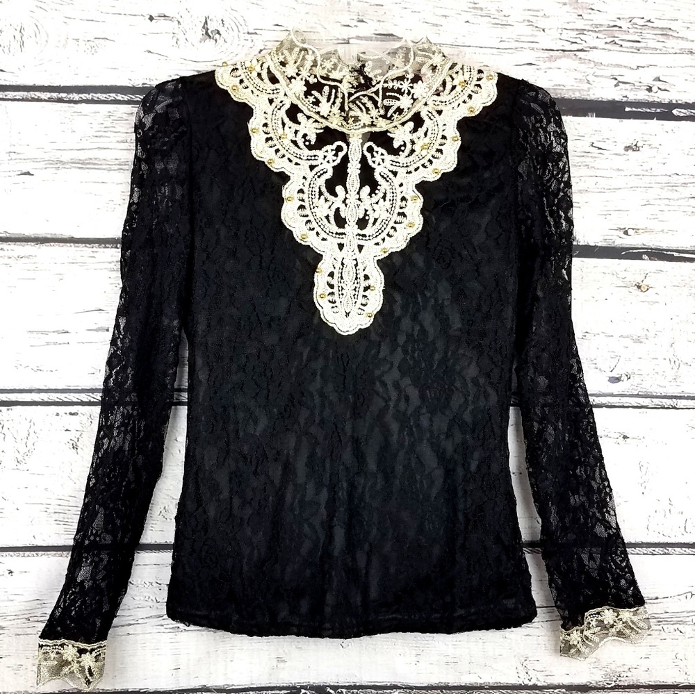 Black and gold lace victorian blouse with pearls